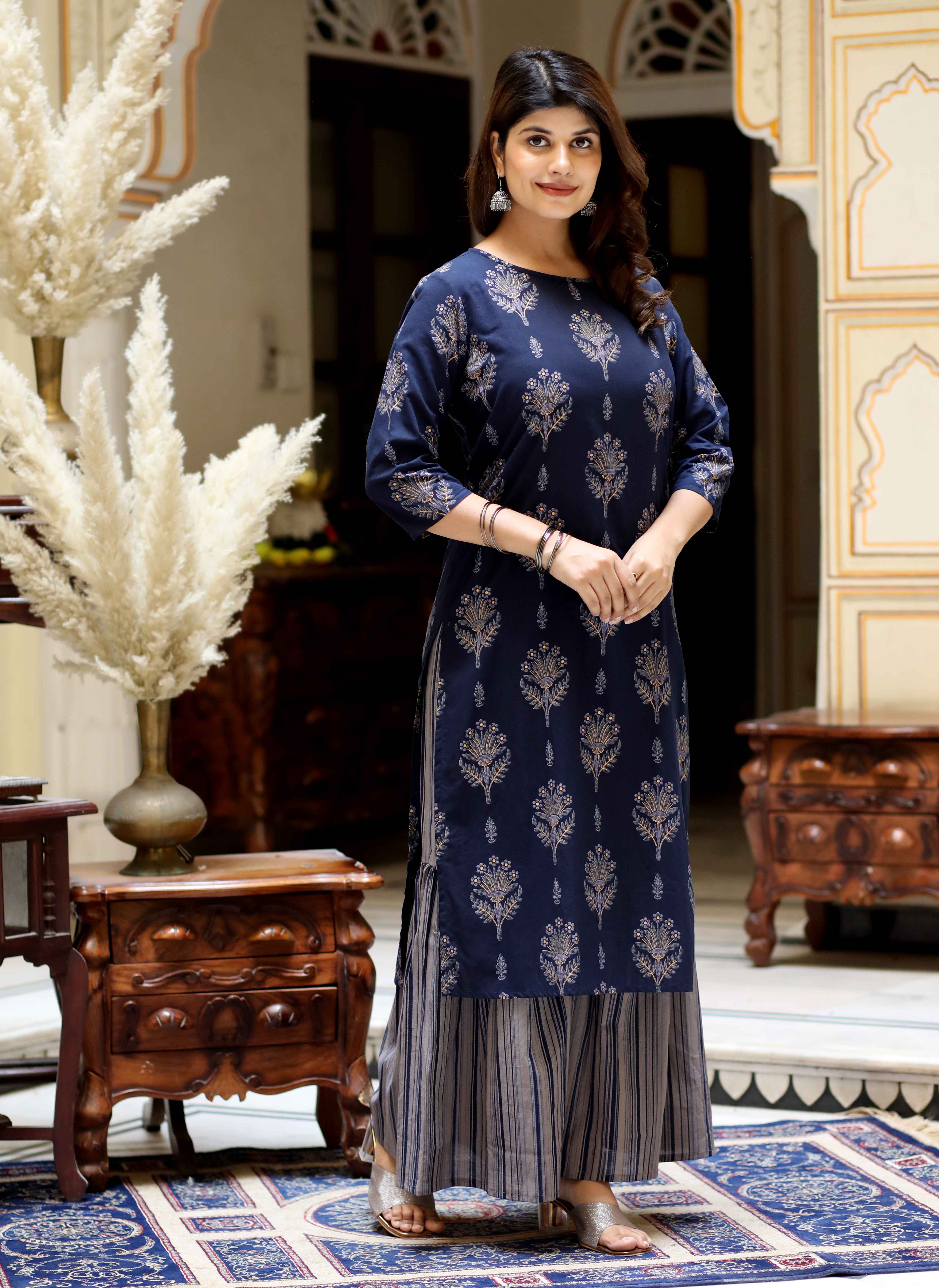 Blue Floral Cotton Kurta with Grey Sharara Set